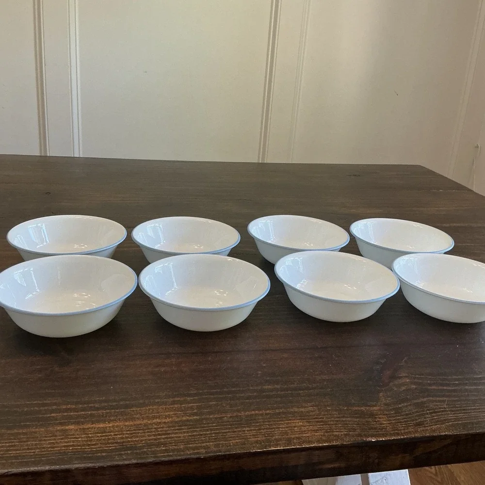 Corelle Vitrelle White Blue Rim Cereal Bowls Set of 8‎ Made in USA 6.25 inch